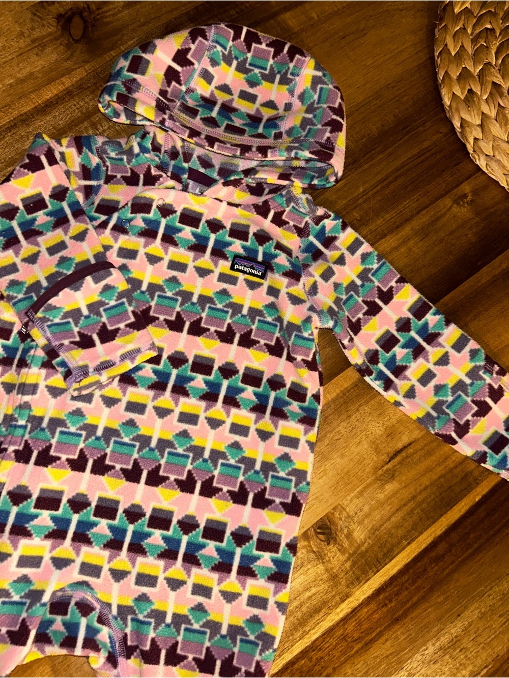 Patagonia Pink Multi Geometric Hooded Fleece Romper